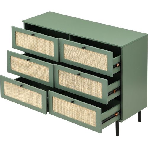 Commode 6 Tiroirs Vert Et Cannage 120 Cm - Luma