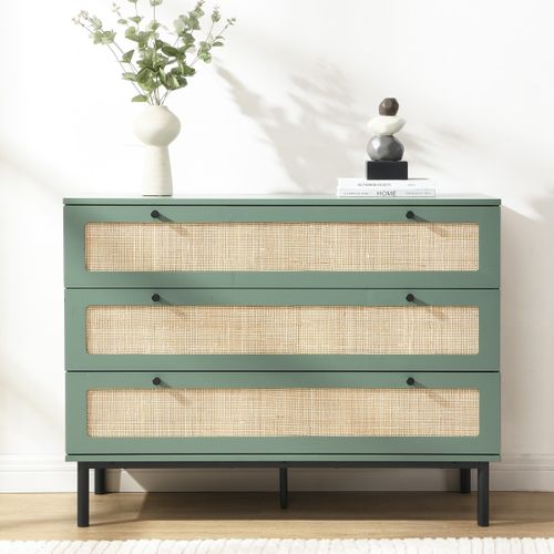Commode 3 Tiroirs Vert Et Cannage 105 Cm - Luma