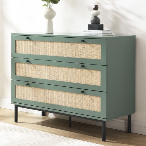 Commode 3 Tiroirs Vert Et Cannage 105 Cm - Luma