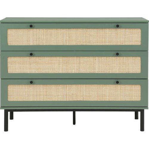 Commode 3 Tiroirs Vert Et Cannage 105 Cm - Luma
