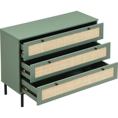 Commode 3 Tiroirs Vert Et Cannage 105 Cm - Luma