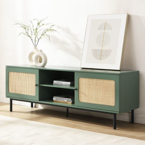 Meuble TV 2 Portes Vert Et Cannage 160 Cm - Luma