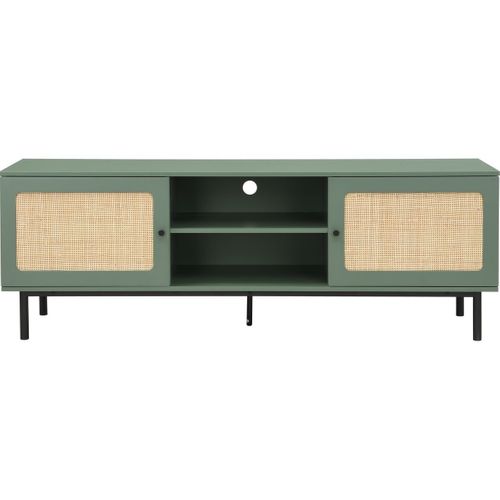 Meuble TV 2 Portes Vert Et Cannage 160 Cm - Luma