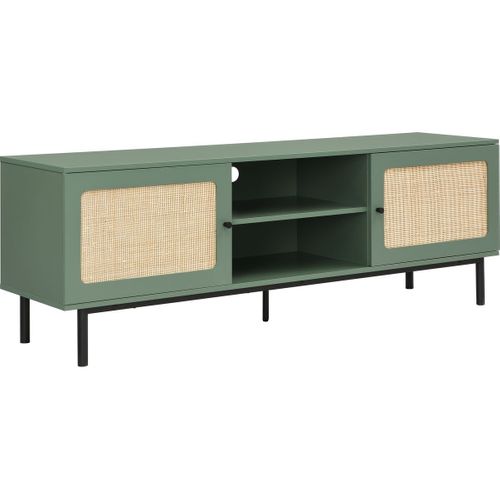 Meuble TV 2 Portes Vert Et Cannage 160 Cm - Luma