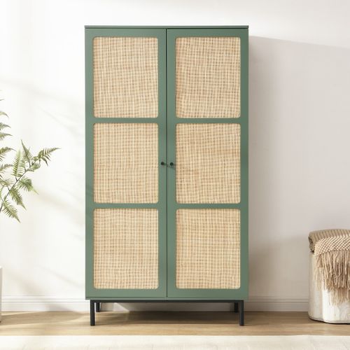 Armoire 2 Portes Vert Et Cannage 100 Cm - Luma