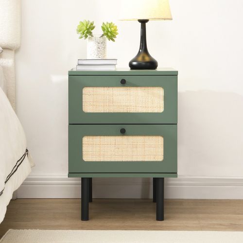 Table De Chevet 2 Tiroirs Vert Et Cannage 40 Cm - Luma