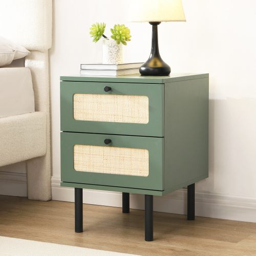 Table De Chevet 2 Tiroirs Vert Et Cannage 40 Cm - Luma