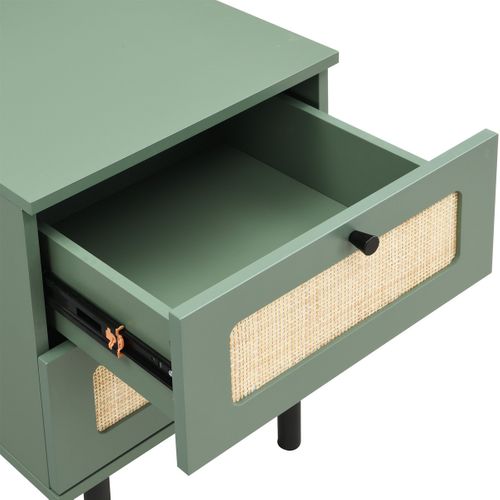 Table De Chevet 2 Tiroirs Vert Et Cannage 40 Cm - Luma