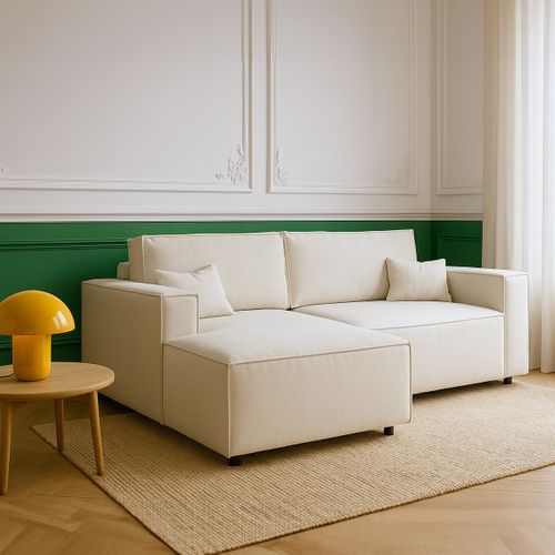 Canapé D'angle à Gauche Convertible 3 Places En Tissu Chenille Beige - Asti