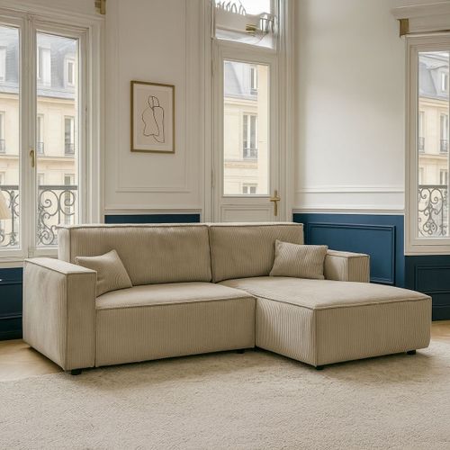 Canapé D'angle à Droite Convertible 3 Places En Velours Côtelé Taupe - Asti