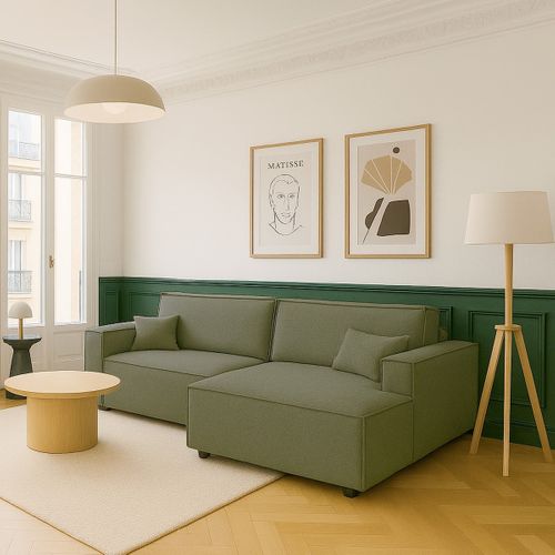 Canapé D'angle à Droite Convertible 3 Places En Tissu Bouclé Vert Olive - Asti