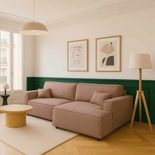 Canapé D'angle à Droite Convertible 3 Places En Tissu Bouclé Rose Poudré - Asti