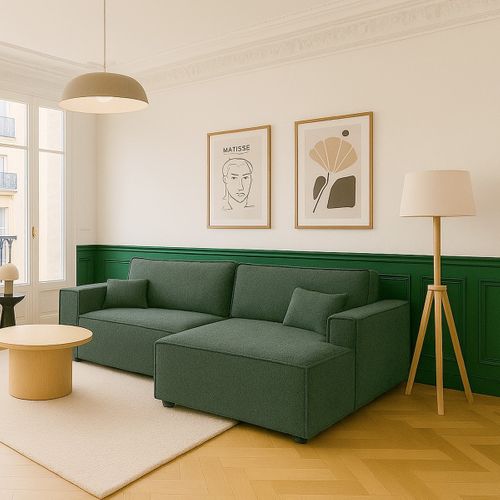 Canapé D'angle à Droite Convertible 3 Places En Tissu Bouclé Vert Foncé - Asti