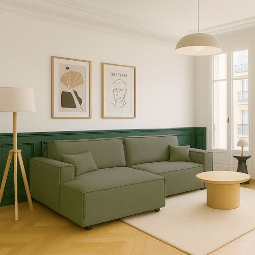Canapé D'angle à Gauche Convertible 3 Places En Tissu Bouclé Vert Olive - Asti