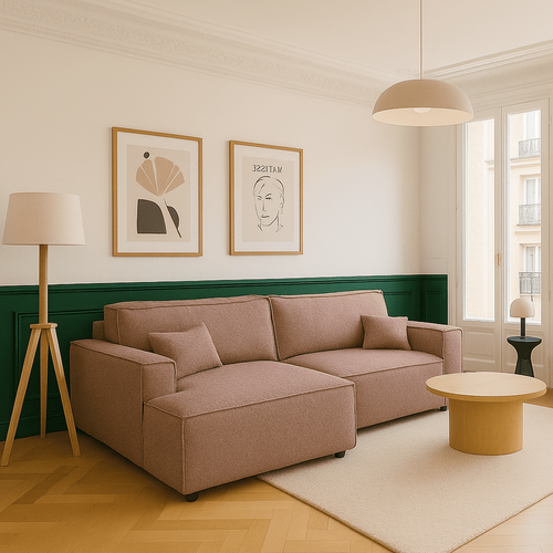 Canapé D'angle à Gauche Convertible 3 Places En Tissu Bouclé Rose Poudré - Asti