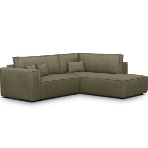 Canapé D'angle Ouvert à Droite Convertible 3 Places En Velours Côtelé Vert Kaki - Emma