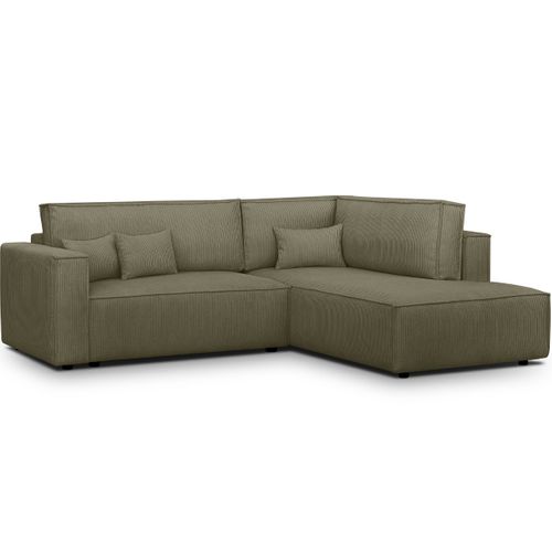 Canapé D'angle Ouvert à Droite Convertible 3 Places En Velours Côtelé Vert Kaki - Emma