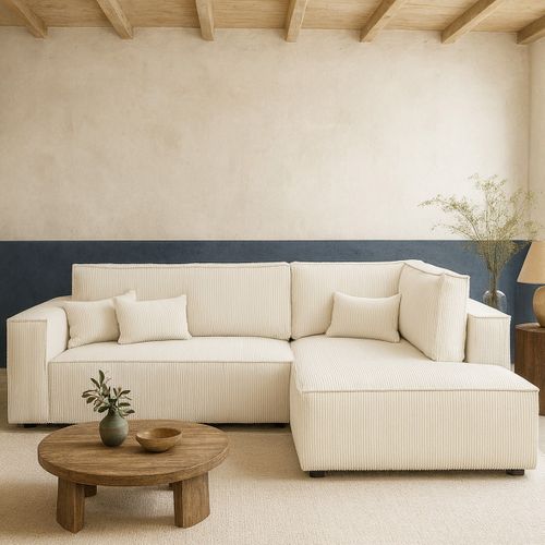 Canapé D'angle Ouvert à Droite Convertible 3 Places En Velours Côtelé Beige - Emma