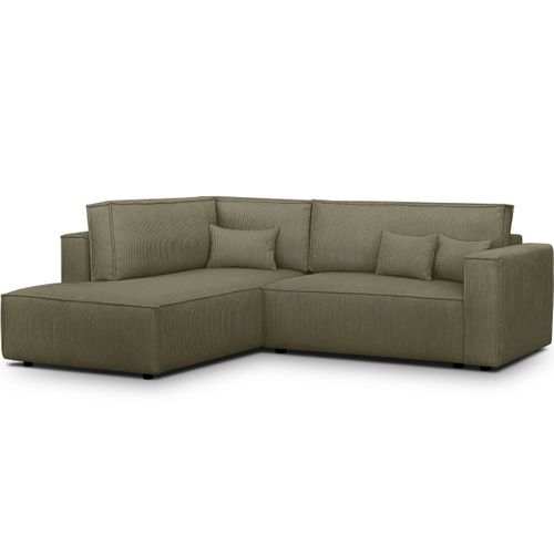 Canapé D'angle Ouvert à Gauche Convertible 3 Places En Velours Côtelé Vert Kaki - Emma