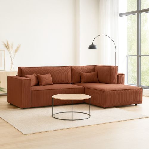 Canapé D'angle Ouvert à Droite Convertible 3 Places En Velours Côtelé Rouille - Emma