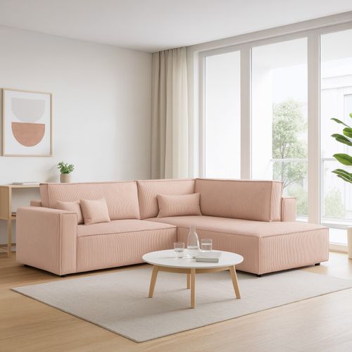 Canapé D'angle Ouvert à Droite Convertible 3 Places En Velours Côtelé Rose Pâle - Emma