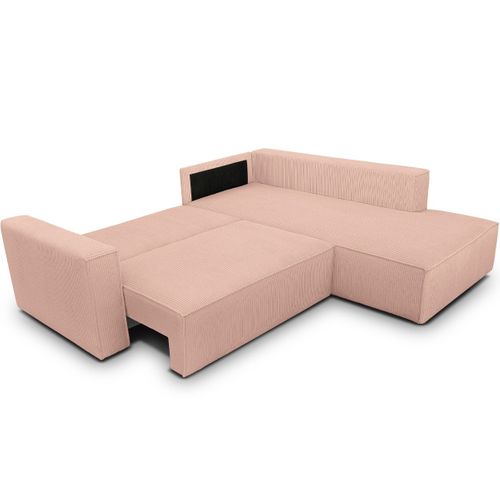 Canapé D'angle Ouvert à Droite Convertible 3 Places En Velours Côtelé Rose Pâle - Emma