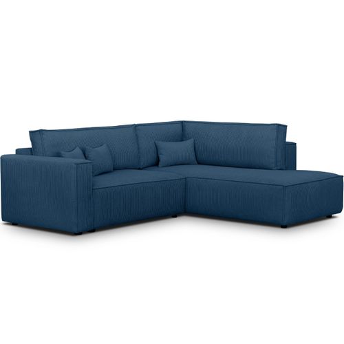 Canapé D'angle Ouvert à Droite Convertible 3 Places En Velours Côtelé Bleu - Emma