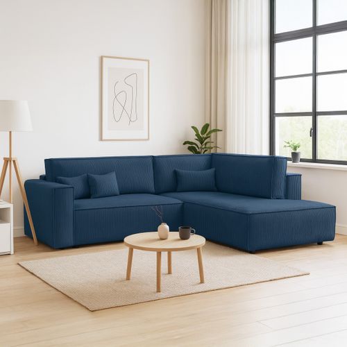 Canapé D'angle Ouvert à Droite Convertible 3 Places En Velours Côtelé Bleu - Emma