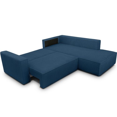 Canapé D'angle Ouvert à Droite Convertible 3 Places En Velours Côtelé Bleu - Emma