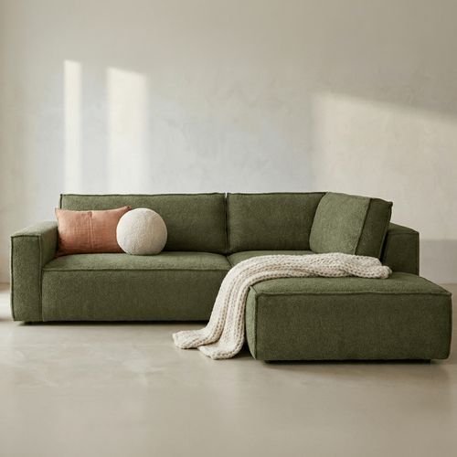 Canapé D'angle Ouvert à Droite Convertible 3 Places En Tissu Bouclé Vert Olive - Emma