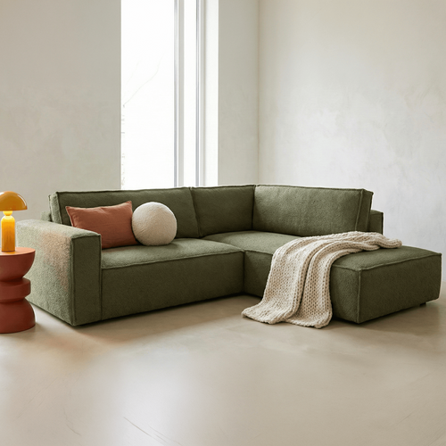 Canapé D'angle Ouvert à Droite Convertible 3 Places En Tissu Bouclé Vert Olive - Emma