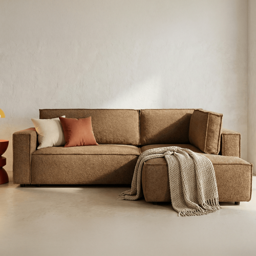 Canapé D'angle Ouvert à Droite Convertible 3 Places En Tissu Bouclé Rouille - Emma