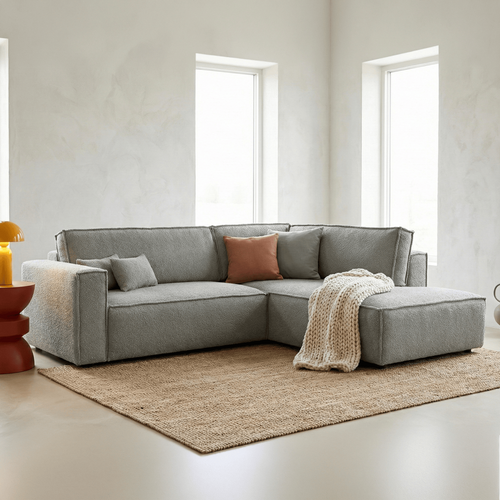 Canapé D'angle Ouvert à Droite Convertible 3 Places En Tissu Bouclé Gris Clair - Emma