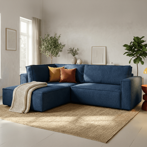 Canapé D'angle Ouvert à Droite Convertible 3 Places En Tissu Bouclé Bleu Foncé - Emma
