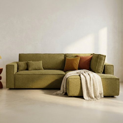 Canapé D'angle Ouvert à Droite Convertible 3 Places En Tissu Bouclé Jaune Moutarde - Emma