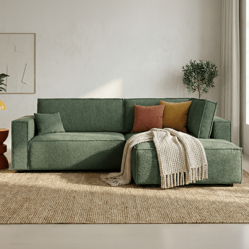 Canapé D'angle Ouvert à Droite Convertible 3 Places En Tissu Bouclé Vert Foncé - Emma