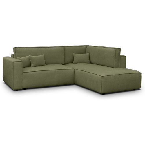Canapé D'angle Ouvert à Droite Convertible 3 Places En Tissu Chenille Vert Olive - Emma