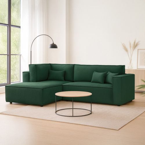 Canapé D'angle Ouvert à Gauche Convertible 3 Places En Velours Côtelé Vert - Emma
