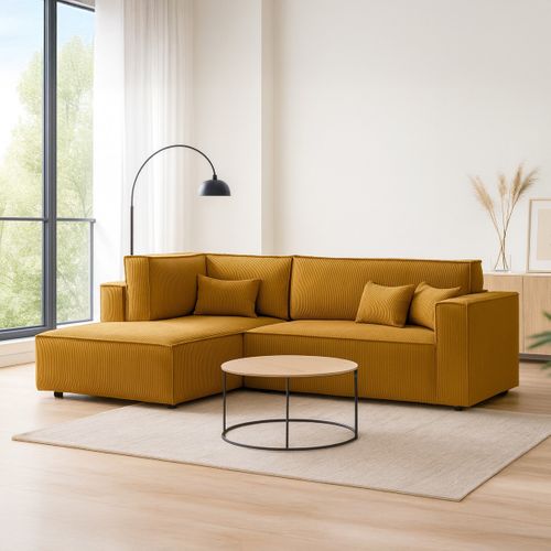 Canapé D'angle Ouvert à Gauche Convertible 3 Places En Velours Côtelé Jaune Moutarde - Emma