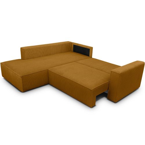 Canapé D'angle Ouvert à Gauche Convertible 3 Places En Velours Côtelé Jaune Moutarde - Emma