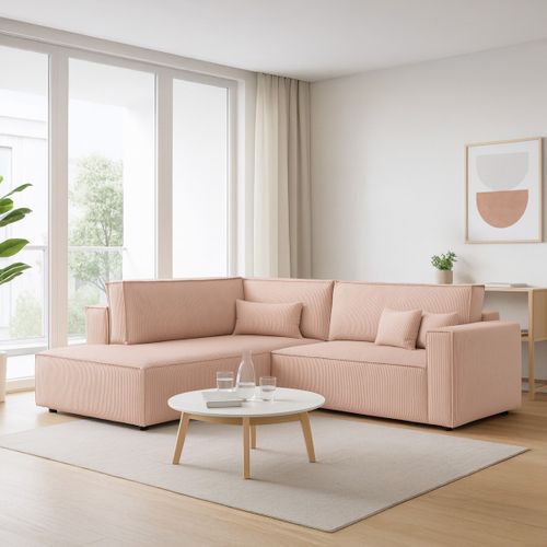 Canapé D'angle Ouvert à Gauche Convertible 3 Places En Velours Côtelé Rose Pâle - Emma