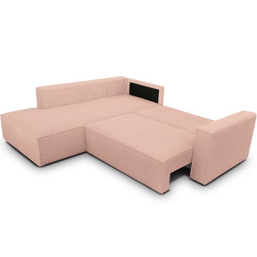 Canapé D'angle Ouvert à Gauche Convertible 3 Places En Velours Côtelé Rose Pâle - Emma
