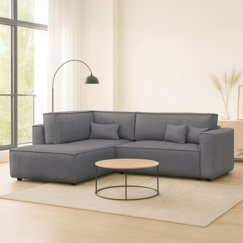 Canapé D'angle Ouvert à Gauche Convertible 3 Places En Velours Côtelé Gris Anthracite - Emma