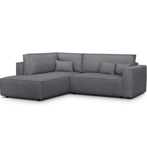 Canapé D'angle Ouvert à Gauche Convertible 3 Places En Velours Côtelé Gris Anthracite - Emma