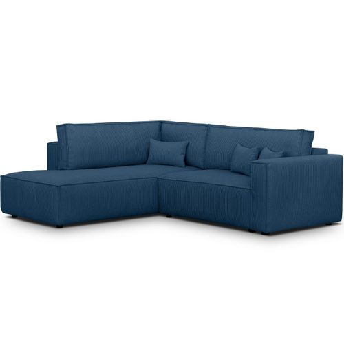Canapé D'angle Ouvert à Gauche Convertible 3 Places En Velours Côtelé Bleu - Emma