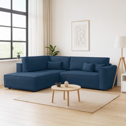 Canapé D'angle Ouvert à Gauche Convertible 3 Places En Velours Côtelé Bleu - Emma