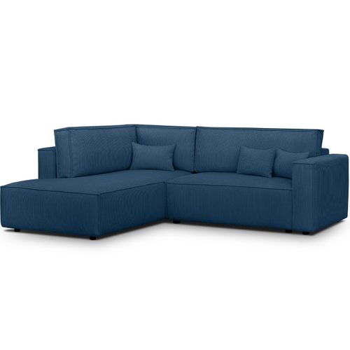 Canapé D'angle Ouvert à Gauche Convertible 3 Places En Velours Côtelé Bleu - Emma