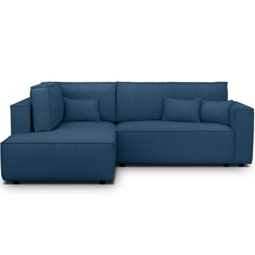 Canapé D'angle Ouvert à Gauche Convertible 3 Places En Velours Côtelé Bleu - Emma