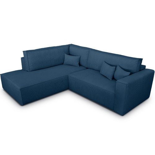 Canapé D'angle Ouvert à Gauche Convertible 3 Places En Velours Côtelé Bleu - Emma