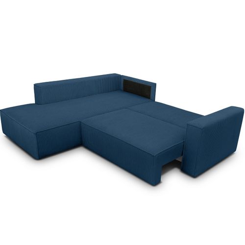 Canapé D'angle Ouvert à Gauche Convertible 3 Places En Velours Côtelé Bleu - Emma